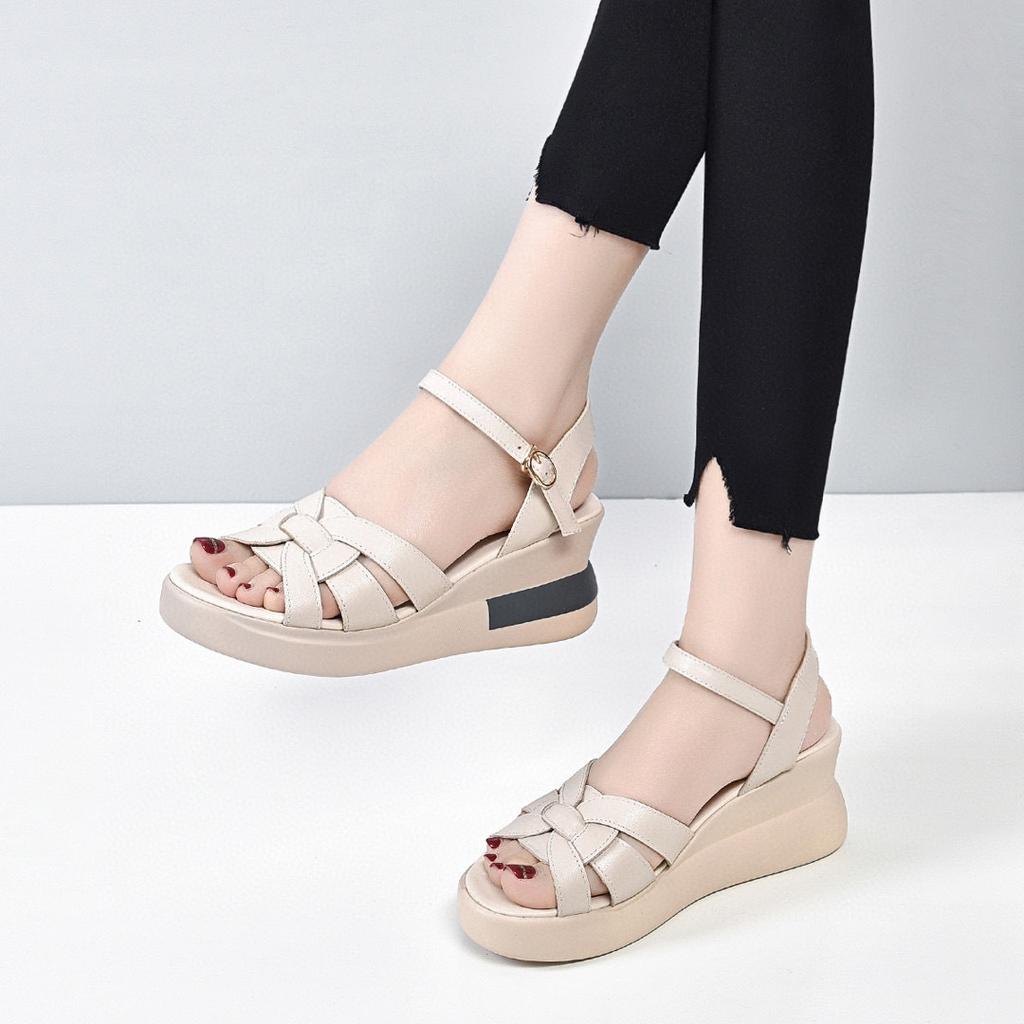 2025 Summer New Wedge Heel Women's Sandals First Layer Cowhide Open-toed Back Empty Word with Casual Waterproof Platform Platform Shoes