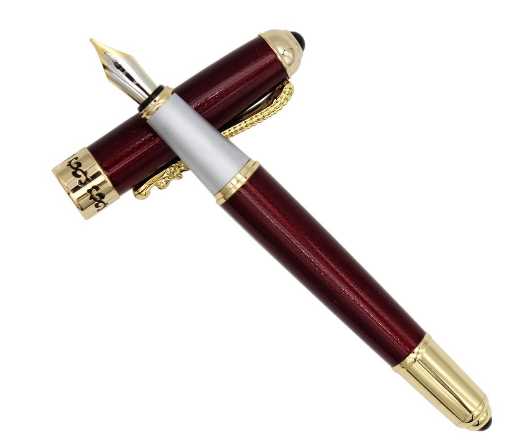Gullor Fountain Pen with Ink Golden Dragon Executive Smooth Fine Red Converter, Clip, Pen, Writing, Nib,