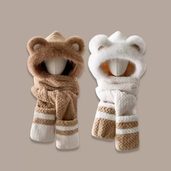 3 In 1 Hat Scarf Gloves Set Bear Ear Decor Thickened Plush Winter Hat
