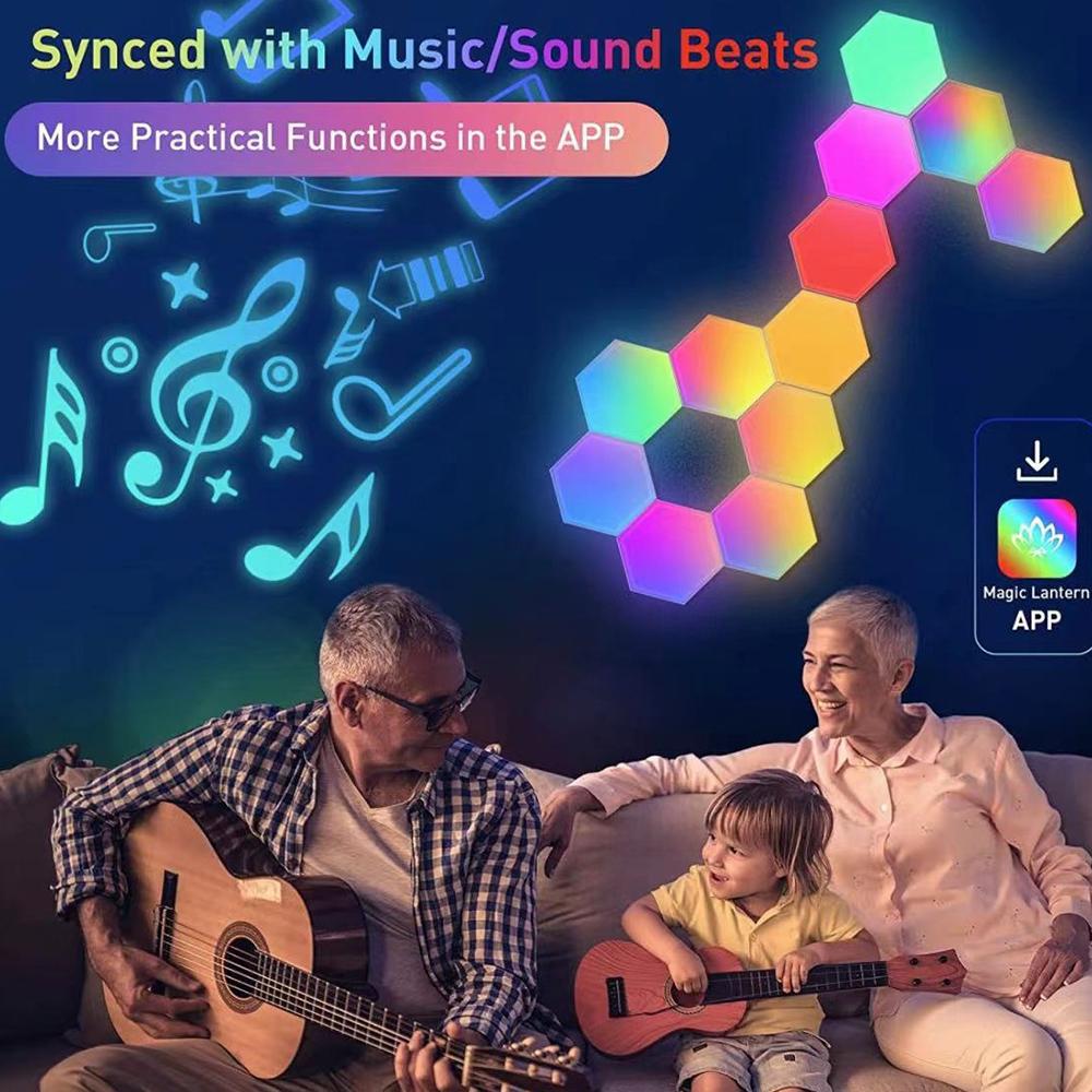 RGB интеллектуальный шестиугольный настенный светильник, меняющий цвет, окружающий ночник DYI, форма, музыкальный ритм, управление через приложение для игровой комнаты, спальни