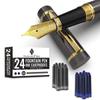 Wordsworth & Black 's Finest Premium Metal Fountain Pen - Primory (Gunmetal Gold)  24 Fountain Pen Ink Cartridges (Black & Blue)  24K Gold Finish  18K
