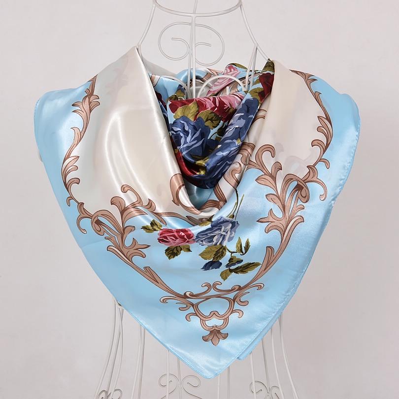 [BYSIFA] Navy Blue Chinese Roses Large Square Scarves New Female Elegant Large Silk Scarf Fashion Ladies Accessories 90*90cm