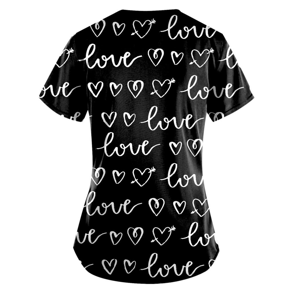 Plus Size Printed Scrub Working Uniform Tops For Women's V-Neck Short Sleeve Fun T-Shirts Workwear Tee With Pockets