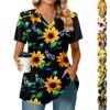 Women's Pleated V-neck Short Sleeved Sunflower Print T-shirt Business Casual Shirt