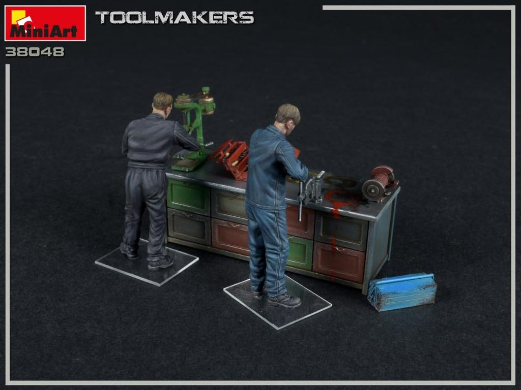 MiniArt 1/35 Scale Plastic Model Kit Set of 2 Craftsmen with Workbench 2 Toolboxes Drill Press Grinding Machine and Bench Vise MA38048