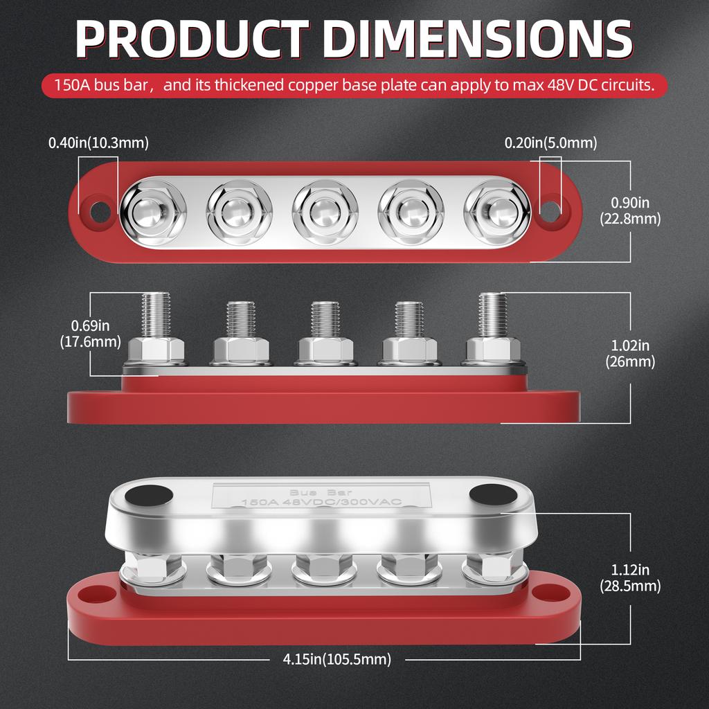 Распределительный блок питания DaierTek Bus Bar 12 В с крышкой, клеммная колодка с 5 штифтами 1/4 дюйма, макс. 150 А, 48 В постоянного тока, положительный и отрицательный для автомобиля