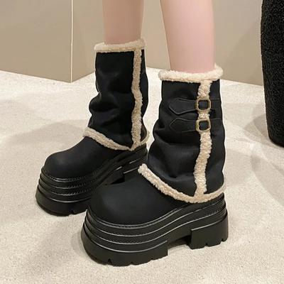 Мех Супер Высокий Каблук Женские Высокие Сапоги Бренд Платформа Плюшевые Теплые Кожаные Туфли Зима 2025 Тренд Готика Челси Мода Botas Mujer