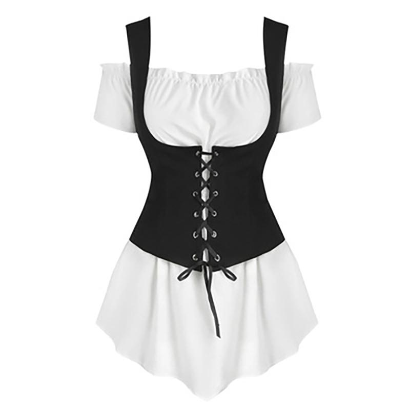 2025 Fashion Literature Retro Steampunk Boat Neck Shirt Lace-Up Vest Punk Style Two-Piece Set for Women