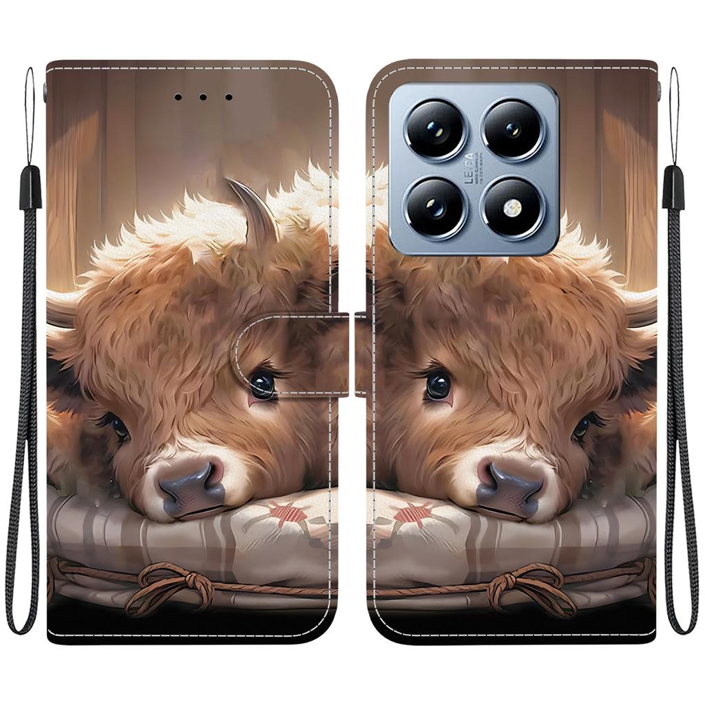 Handmade PU Leather Flip Case for Xiaomi 14T / Xiaomi 14T Pro Anti-Slip Shockproof Cover with Wrist Strap & Heart/Rose Cat Designs