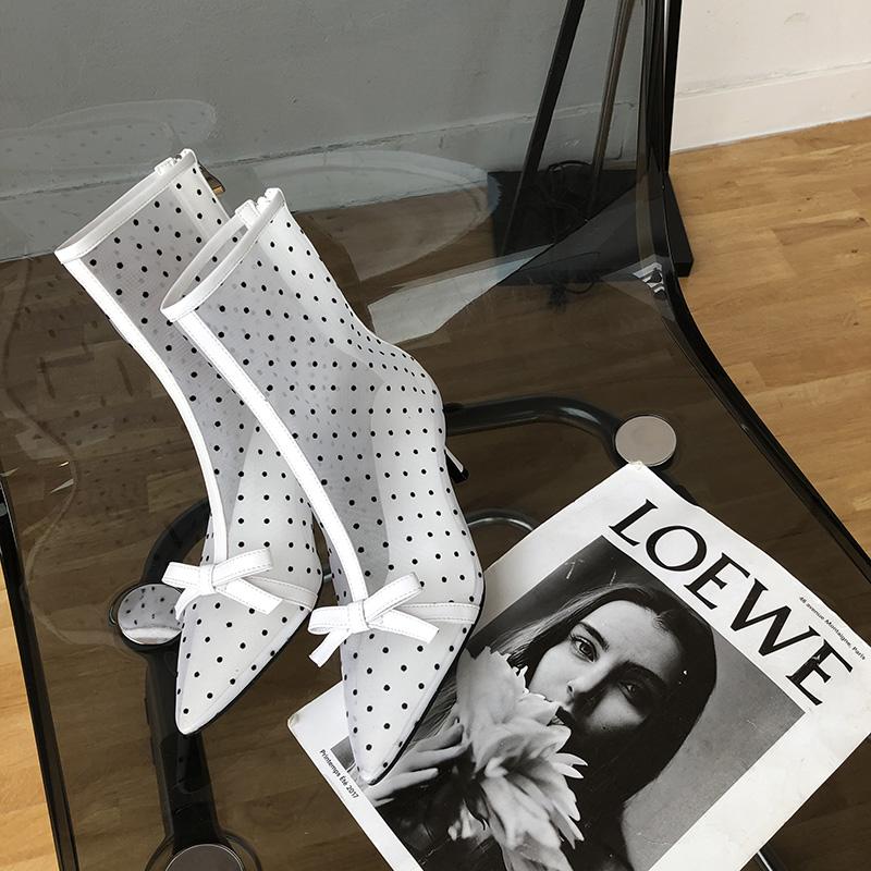 Мода Модные женские ботильоны с острым носком Короткие ботинки с острым носком Дизайн с бантом Тонкие низкие каблуки Молния сзади Модные ботинки Ботинки с воздушной сеткой