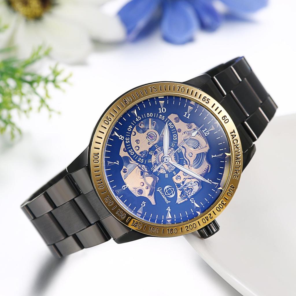 JewelryWe Автоматические скелетонированные аналоговые часы из нержавеющей стали для бизнеса, популярные подарочные мужские часы на день, стильные, водонепроницаемые, с цифрами, с ремешком, повседневные, черные,