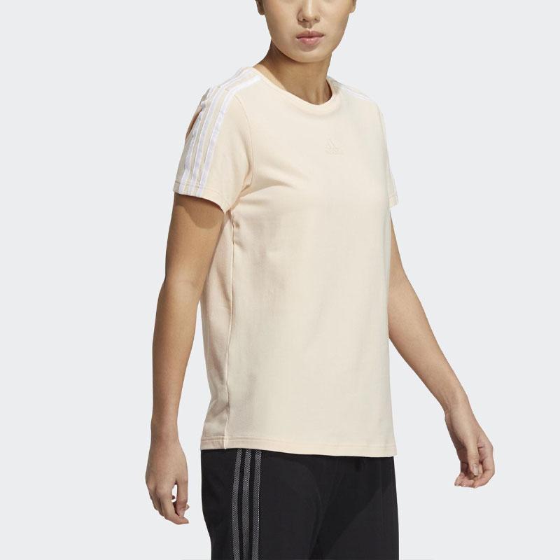 Adidas Three Stripe Sports Training Casual Cotton Soft Crew Neck Short Sleeve T-Shirt Women T-Shirts Beige HM7084
