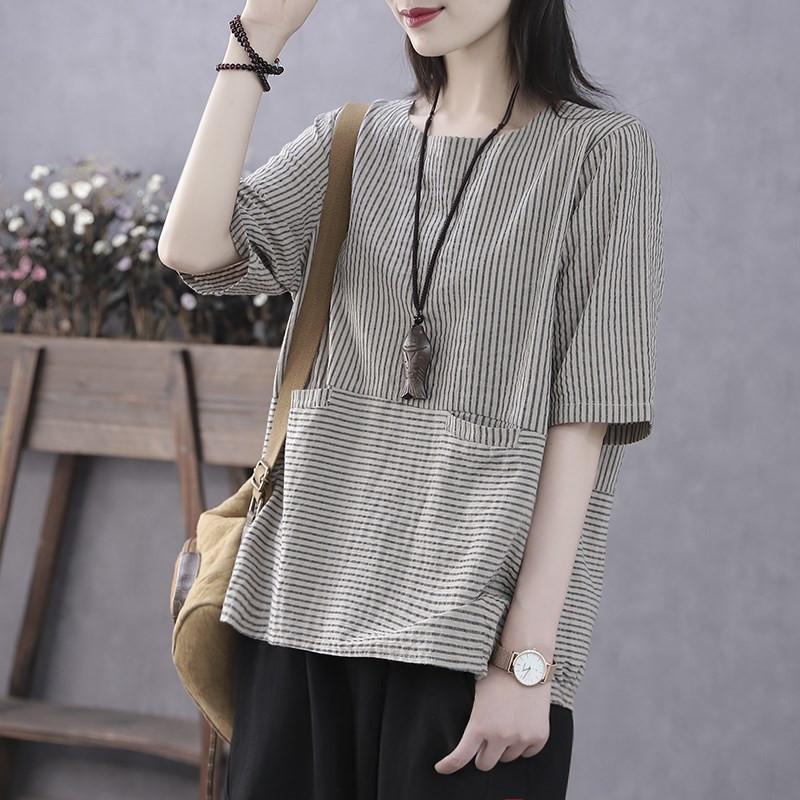 Женская рубашка в стиле ретро со средними рукавами, летняя, тонкая, стильная, маленькая, свободная, полосатая футболка с пуловером