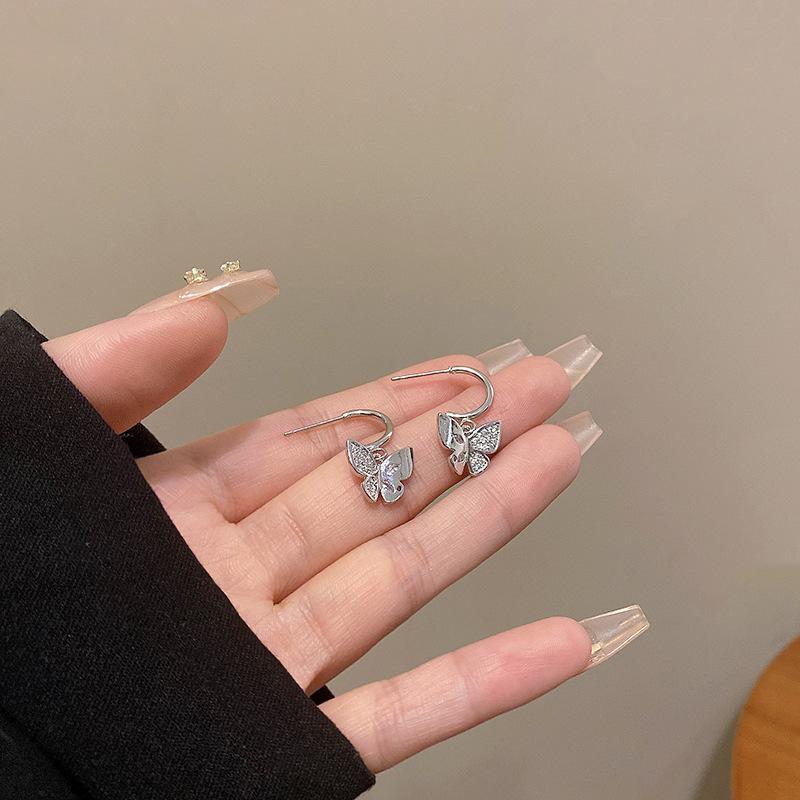 New micro-inlaid zircon butterfly pendant earrings women's cold style versatile niche high-end stud earrings