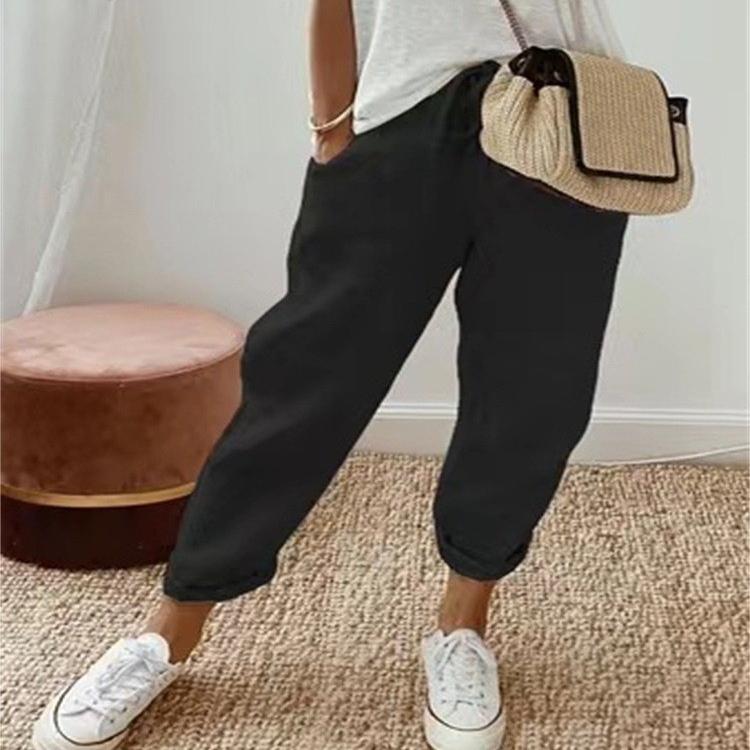 Женские повседневные брюки из хлопка и льна с эластичными карманами, повседневные свободные брюки, повседневная одежда, женская одежда