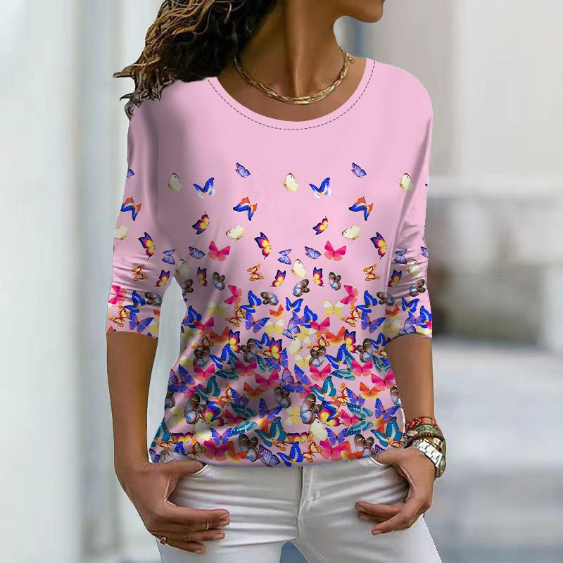 Women Autumn Tops Loose Multicolored Butterfly Print Causal Long Sleeve T-shirt Top Blouse
