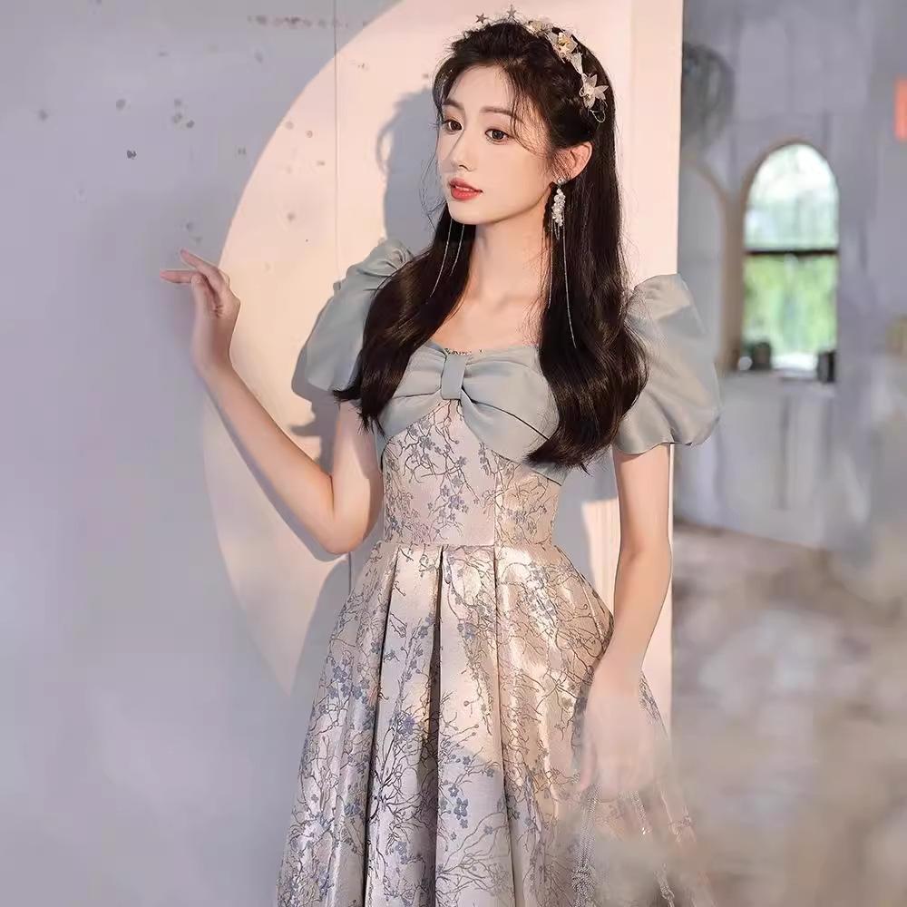 Blue evening dress female feeling on the run princess style coming of age light luxury niche annual meeting host banquet dress