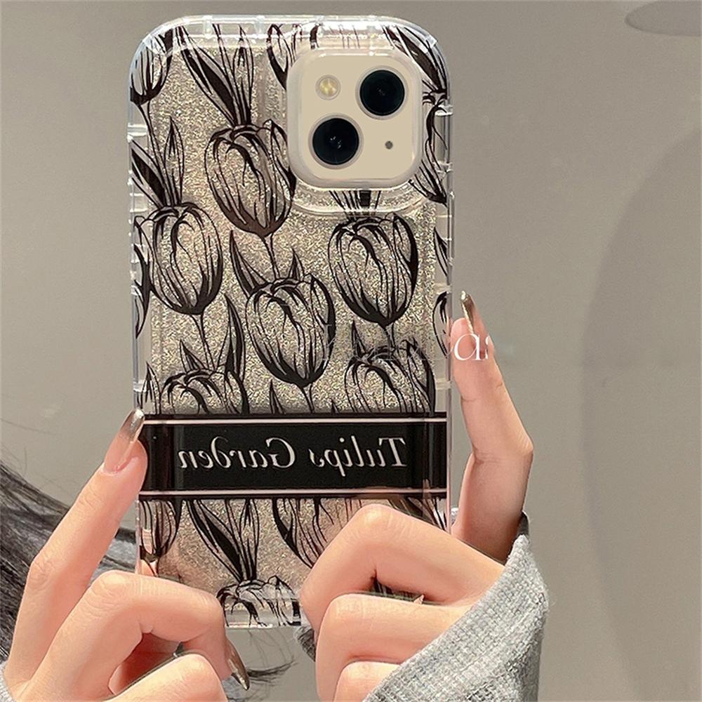 Корейский милый блестящий чехол для телефона с рисунком тюльпана для Iphone 14 13 12 11 Pro Max, стильный блестящий защитный мягкий чехол с цветочным принтом, принципиально