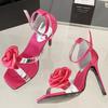 Fashion Luxury Rose Decoration Women Sandals Square Toe Belt Buckle Open Toe Heels Summer Fashion Ankle Strap Thin Heeled Slide Sandals