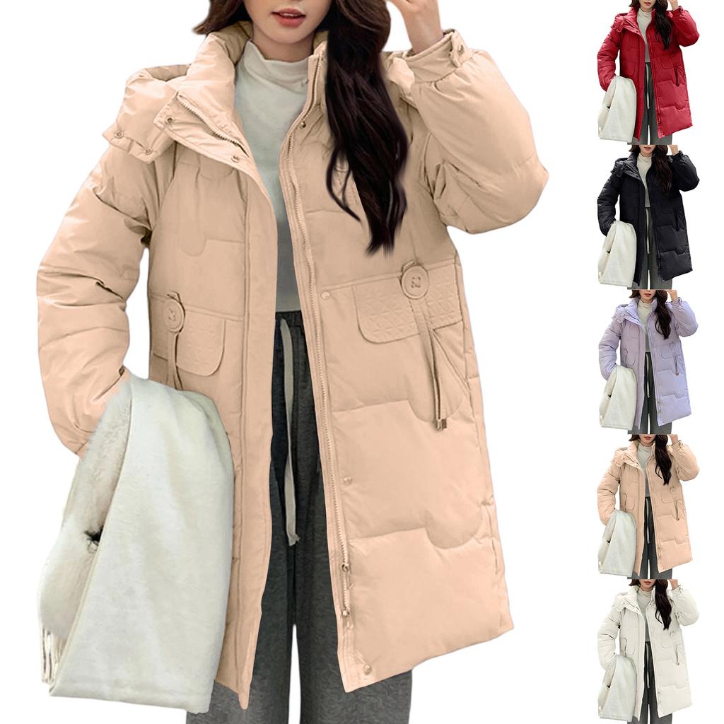 Women's Fashionable Mid-length Down Jacket With Hood And Thick Cotton-padded Coat