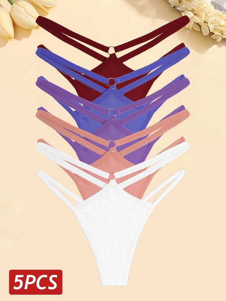FINETOO 5 шт./компл. женские хлопковые трусики сексуальные ажурные стринги женское дышащее нижнее белье металлические кольца стринги нижнее белье эластичное с низкой посадкой