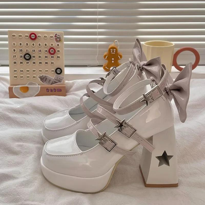 Модные женские туфли на высоком каблуке Весенние панк-туфли на толстом каблуке Мэри Джейн Туфли из лакированной кожи Косплей-туфли Туфли в стиле Лолита с бантом Zapatos Mujer