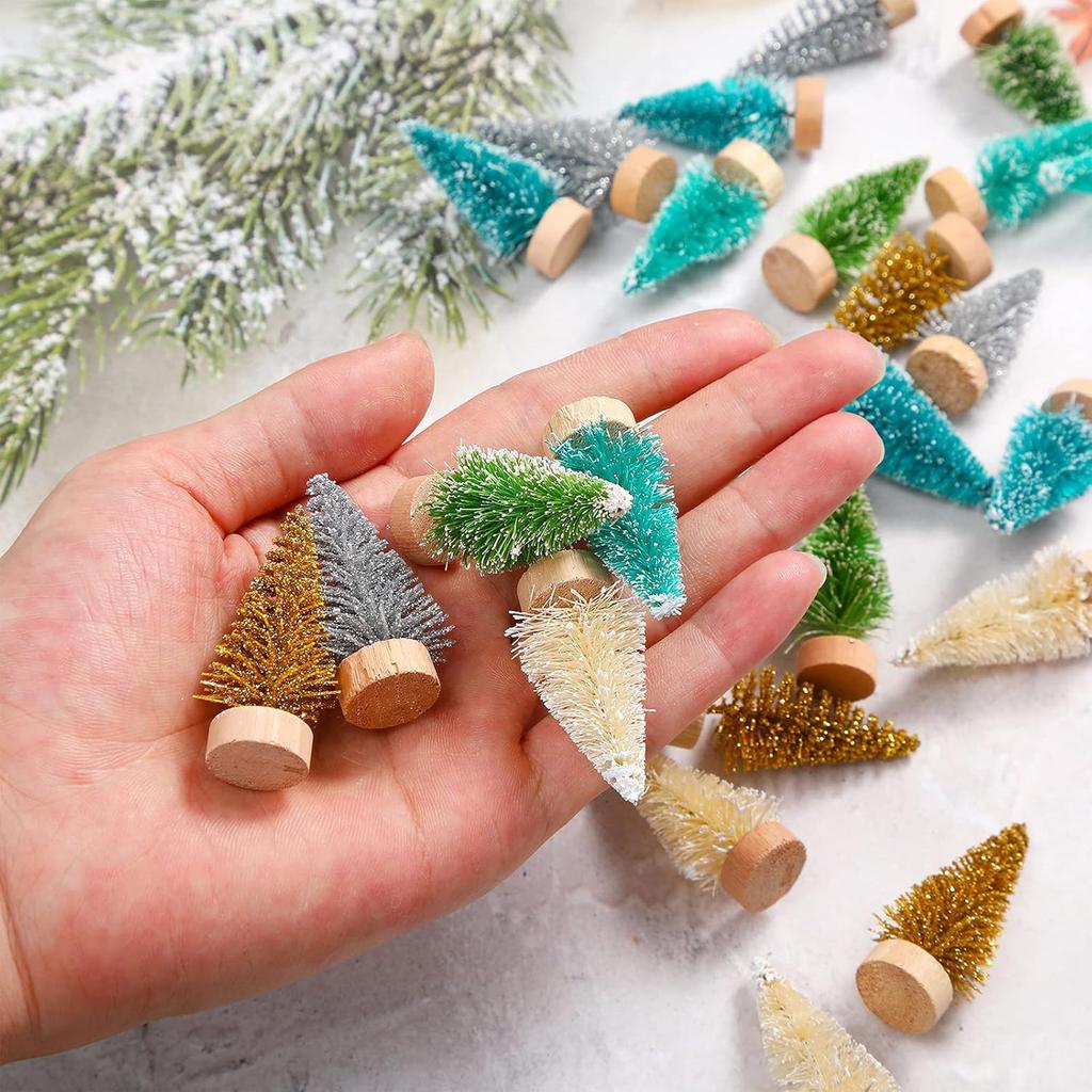 24 Pcs Mini Christmas Bottle Brush Trees with Wooden Base, Tiny Sisal Trees for Winter Tabletop Decor (Multi-Color)