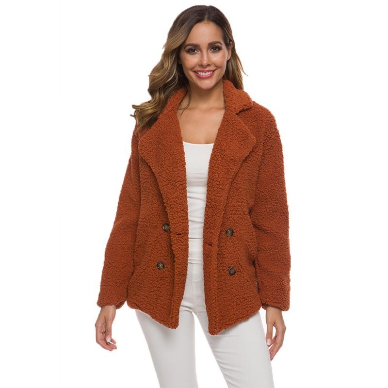 Autumn and Winter Double Breasted Loose Fleece Jacket Women Fashion Long Sleeve Plush Coat Women Vintage Solid Warm Plus Size Jackets for Women 24900