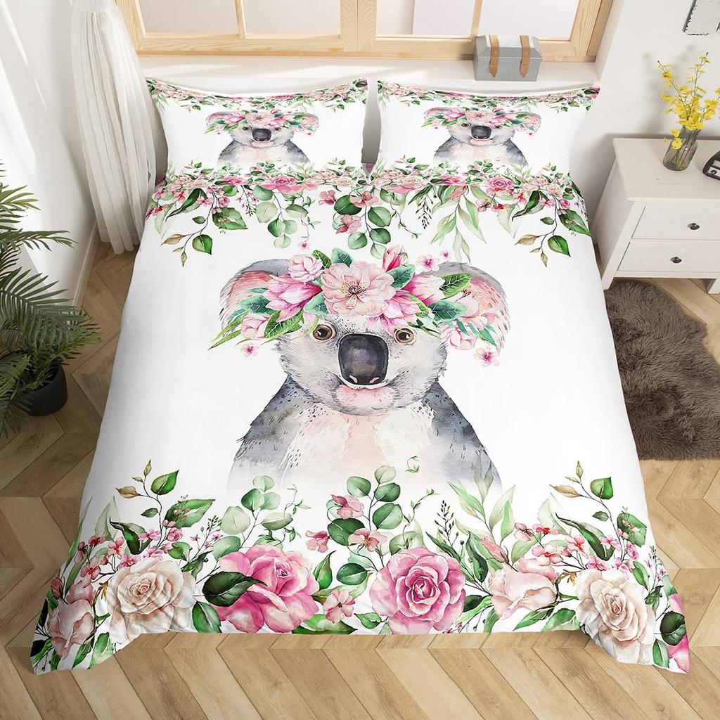 Koala Duvet Cover Set Blooming Floral Branch Bear Comforter Palm Tree Leaf Wildlife Cartoon Polyester Quilt