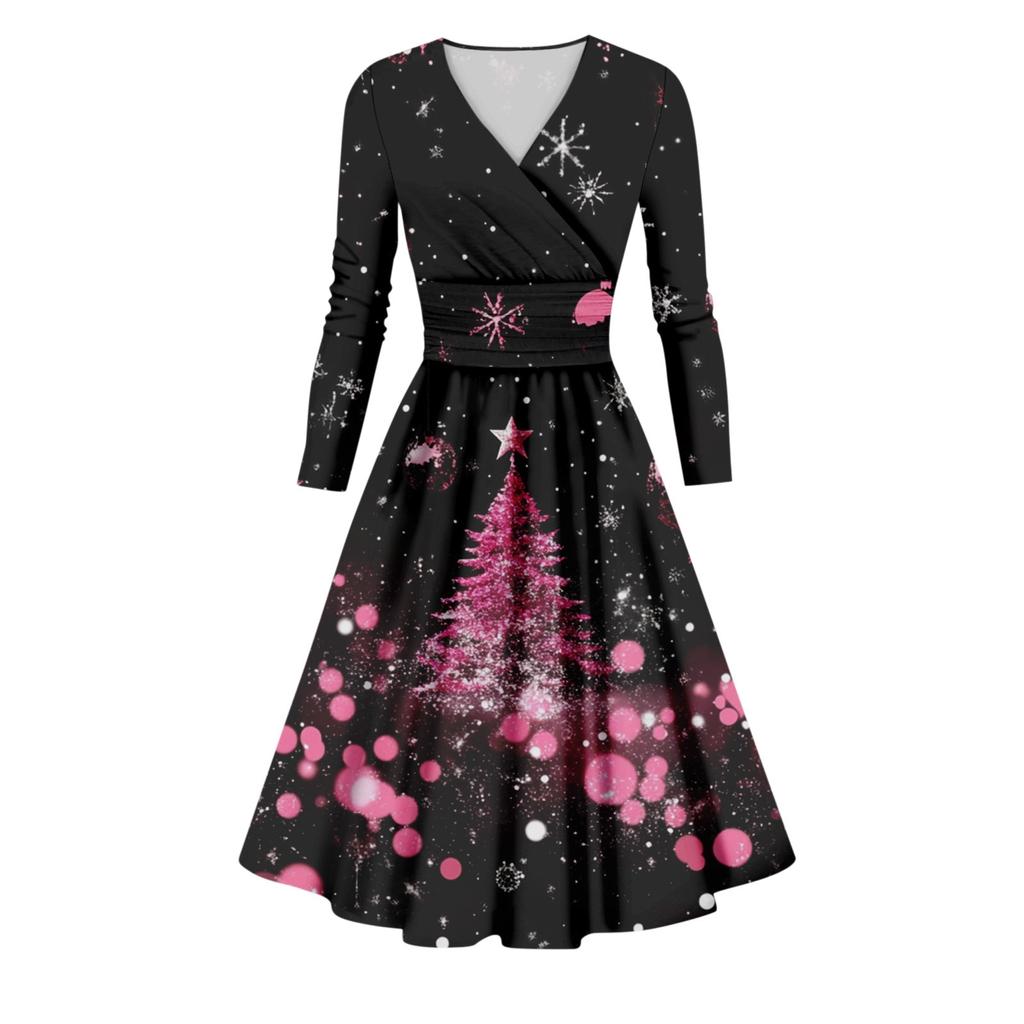 Женское облегающее платье свободного кроя с принтом рождественской елки и снежинок, V-образным вырезом и длинными рукавами
