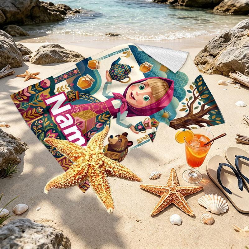 Custom Name Personalized Masha and the Bear Print Beach Towel, for Trip Camping Beach Party Home Decor, Birthday Gift for Family & Friends