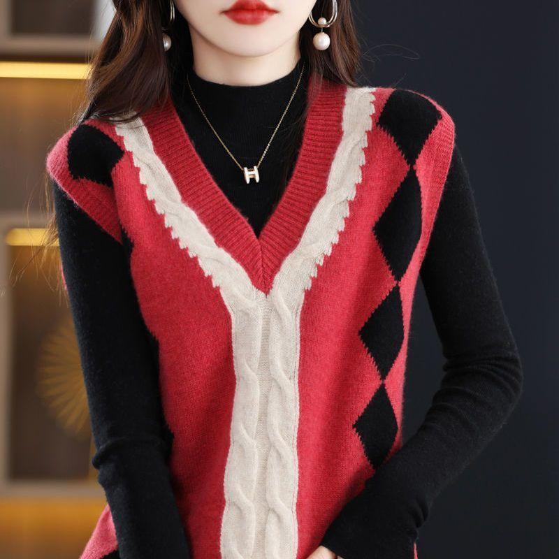 Sweater Vest 2023 Autumn/Winter New Vest Women Contrast V-Neck Sleeveless Sweater Loose Contrast Sweater Vest Pullover Female