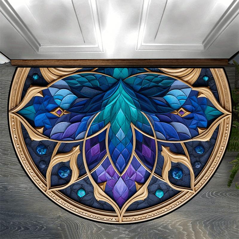 Роскошный полукруглый ковер с мозаичным узором, бирюзово-синий, золотой, нескользящий, декоративный коврик, ковер с 2D-печатью для декора входной двери, крыльца