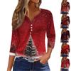 Women's Fashion Casual Christmas Tree Print V-Neck Decorative Button Three-Quarter Sleeve T-Shirt Top