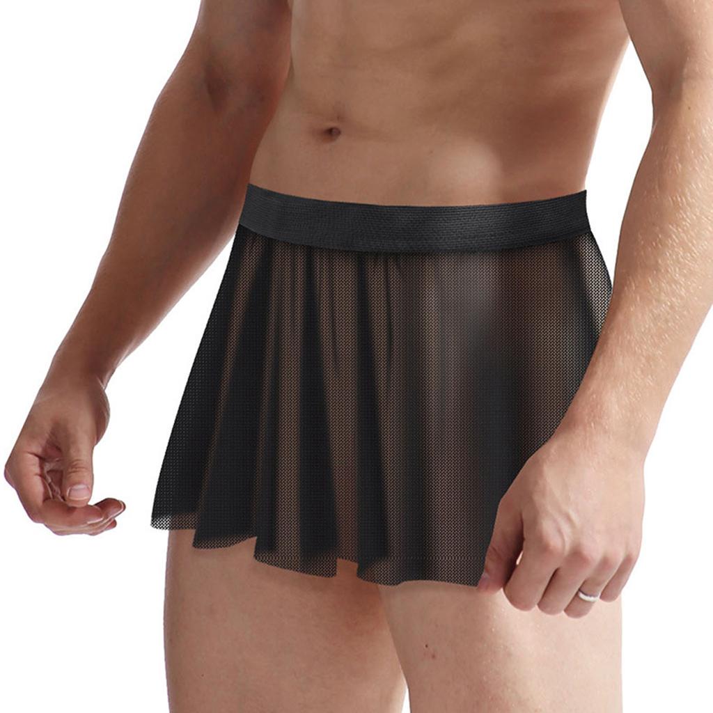 Mens See Through Mesh Ruffled Skirt Elastic Waistband Sheer Miniskirt Cross Dresser Costume