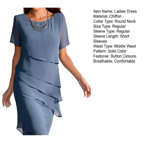 Женское модное шифоновое платье с круглым вырезом и коротким рукавом, сплошное цветное плиссированное платье, элегантное женское вечернее платье миди для отпуска, коктейльная вечеринка