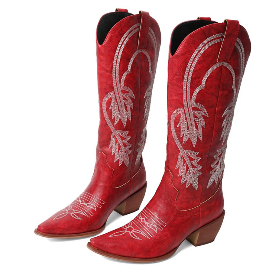 FOREADA Женские ковбойские сапоги до колена, с острым носком, на массивном высоком каблуке, с вышивкой, в стиле вестерн, сапоги гого, женская модная обувь, зима, красные