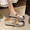 Модные неглубокие плоские серебристые туфли-одинарки Осень 2025 Новые женские туфли Мэри Джейн Летние балетки