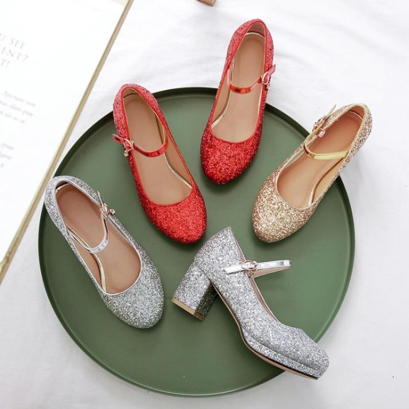 Women Glitter Golden Pumps Chunky Block Heels Platform Mary Jane Sequined Silver Shoes Woman Wedding Party 43