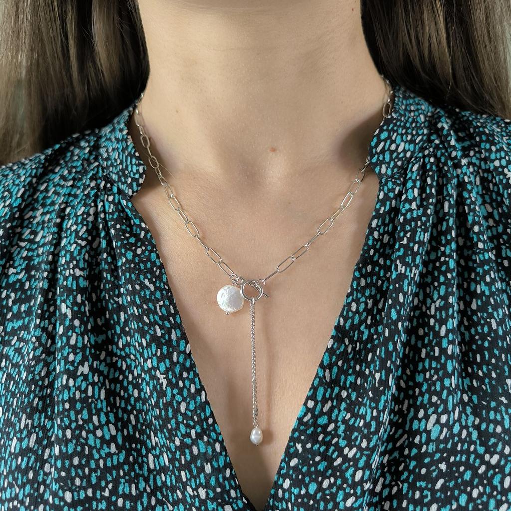 Серебряное колье с натуральным жемчугом барочным, вес изделия 7,31 гр (2186779)