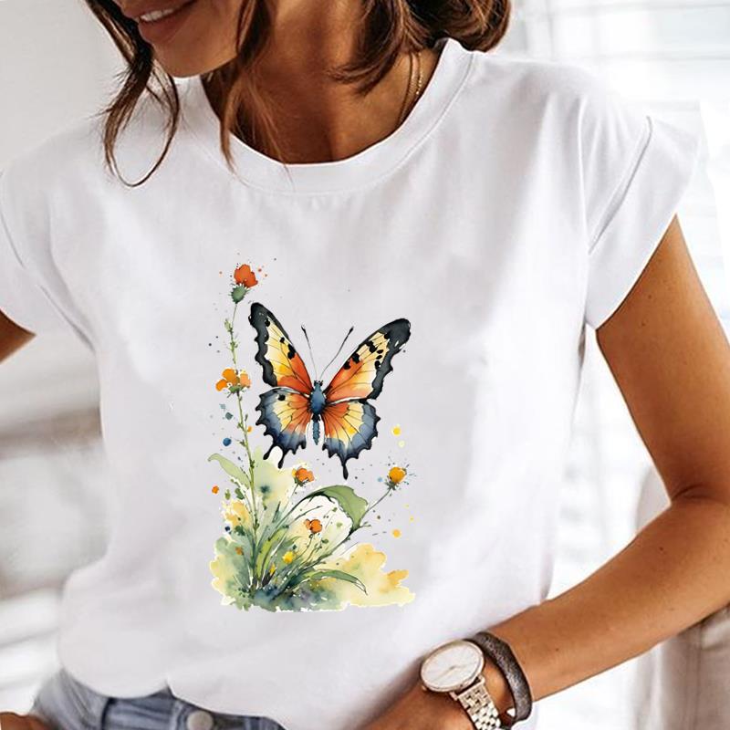 (Азиатский размер)  Топ футболка милый стиль бабочки тренд футболка с коротким рукавом женская одежда повседневная мода принт леди женская графические футболки