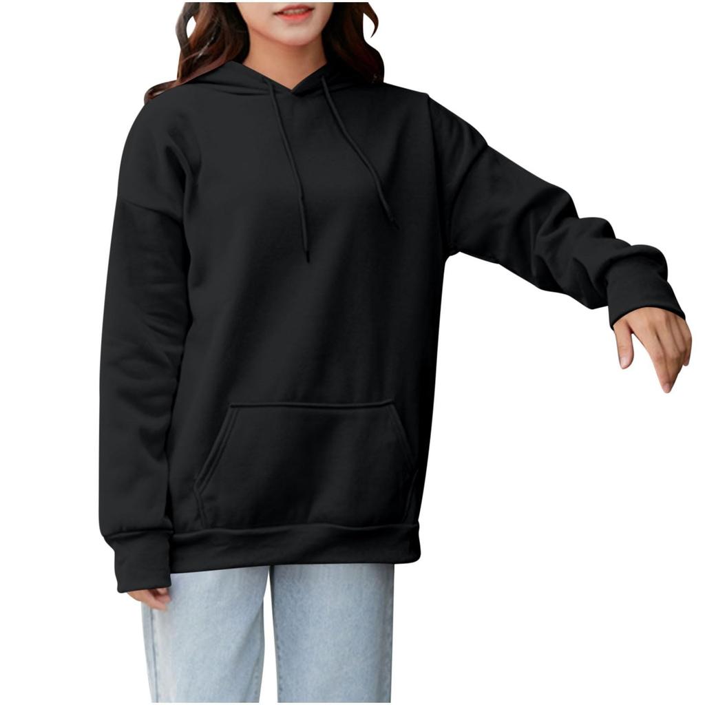 Women's Casual Solid Color Hooded Pocket Loose Sports Hoodie Top