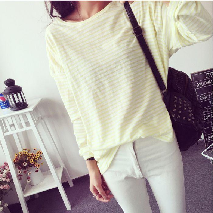 Весна и осень, новая корейская версия, простой полосатый топ, свободная футболка с длинными рукавами, женская школьная универсальная базовая рубашка для студентов