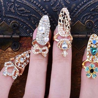 Женская мода Rhinestone Flower Crown Bowknot Finger Tip Nail Cover Ring