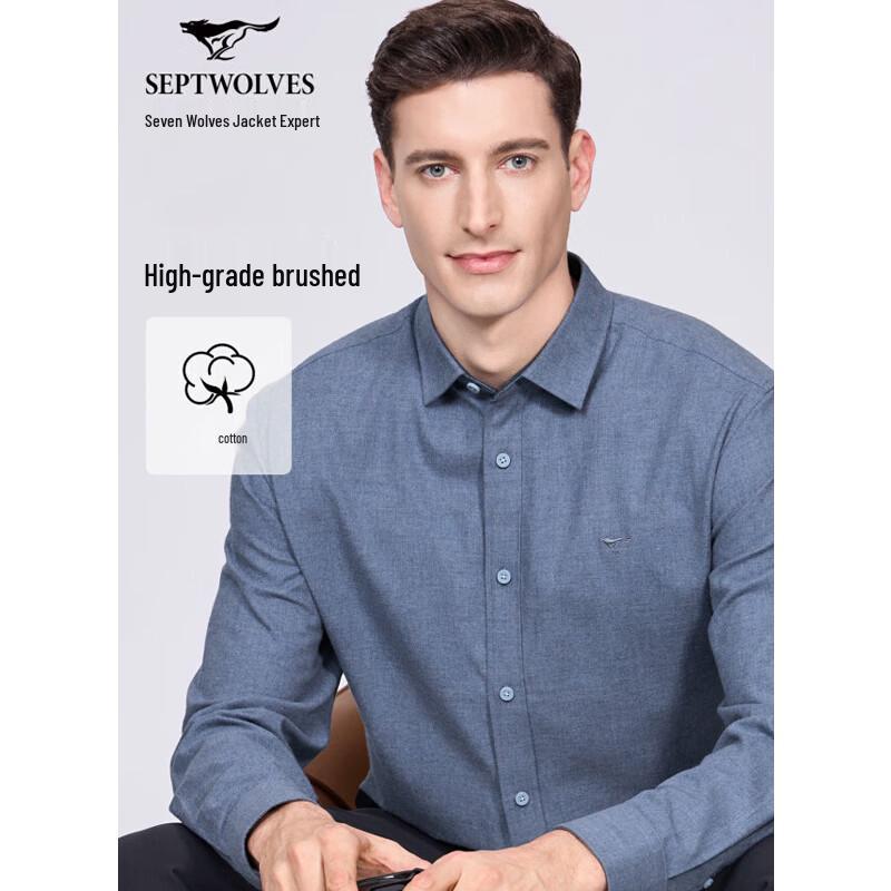 SEPTWOLVES Мужская рубашка с вышивкой и начесом, с длинным рукавом