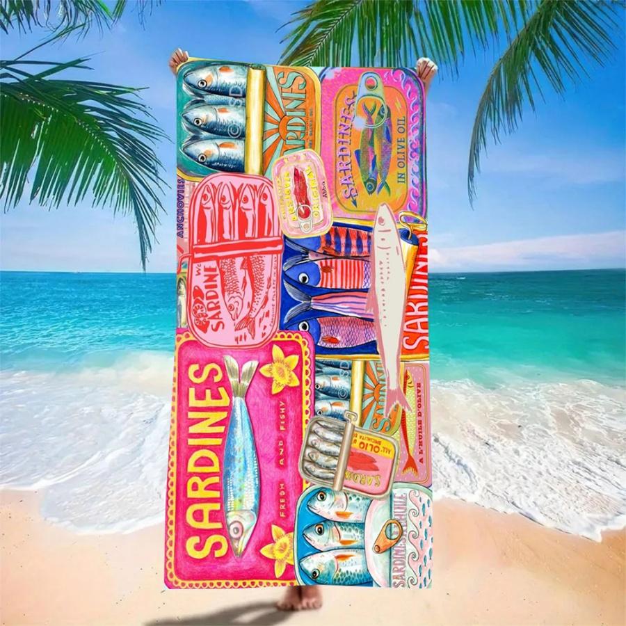 Vintage Sardines Collage Beach Towel - Quick Dry Microfiber with Colorful Fish Can Prints, Fun Sand Free Blanket for Summer