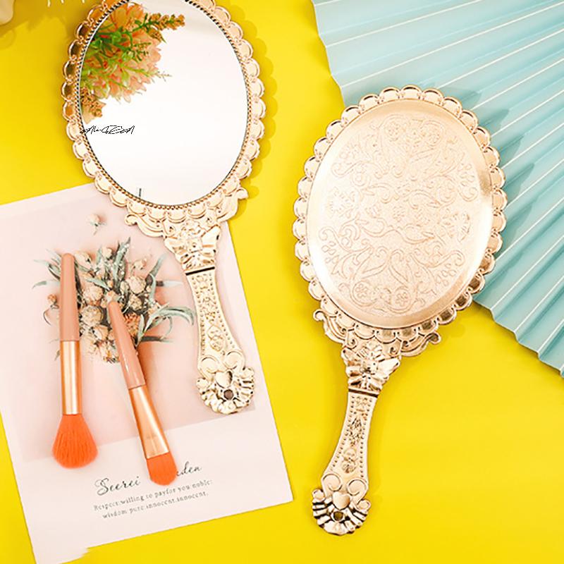 Rose Gold Vintage Portable Makeup Mirror Hand Hold Oval Round Noble Court Style Beauty Tool for On-the-Go Application