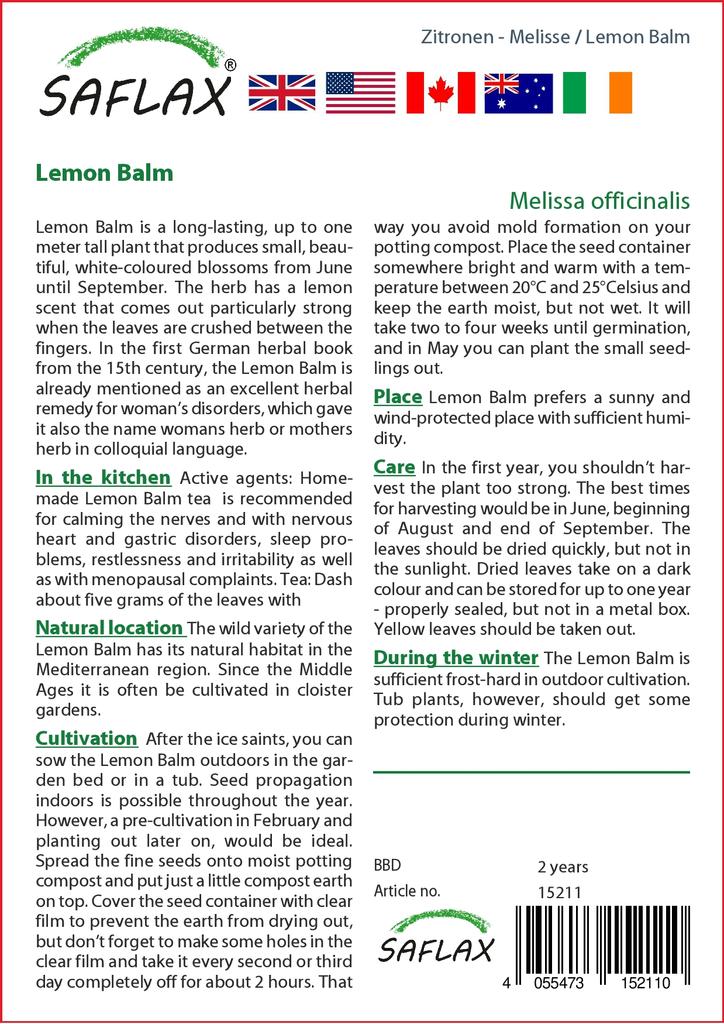 SAFLAX Garden in the Bag - Мелисса лимонная - 150 семян - С субстратом в подходящем пакете - Melissa officinalis