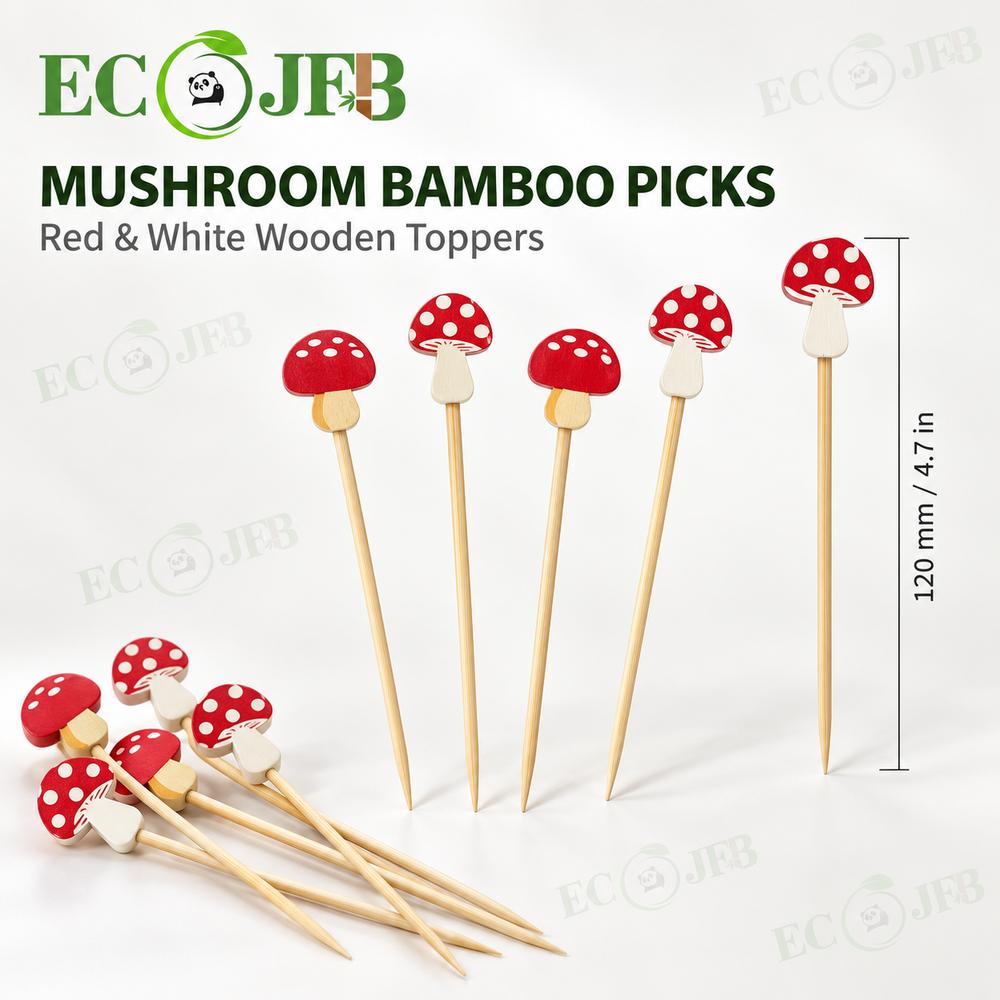 ECO JFB 120mm Mushroom Bamboo Party Picks for Fruit Cheese Woodland Events Custom Shape Bulk B2B Supply Pack