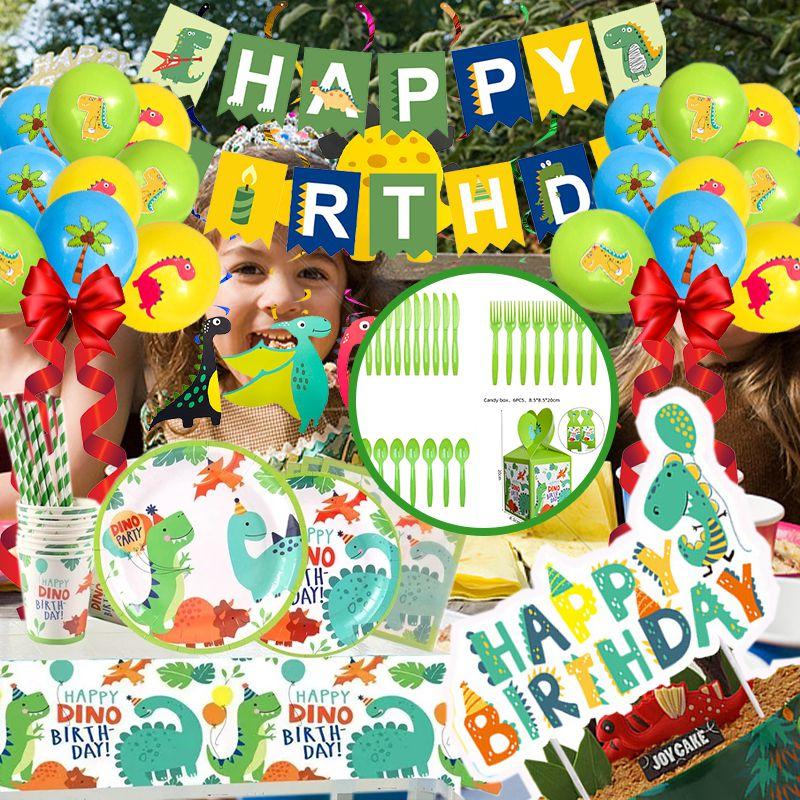 Dinosaur Cartoon Party Birthday Supplies Tableware Plates Cups Banner Tablecloth